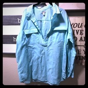 Old Navy Aqua Blue Linen Collared Top w/ RollUp